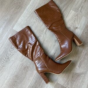 Cape Robin Croc-Texture Mid-Calf Block Heel Boots